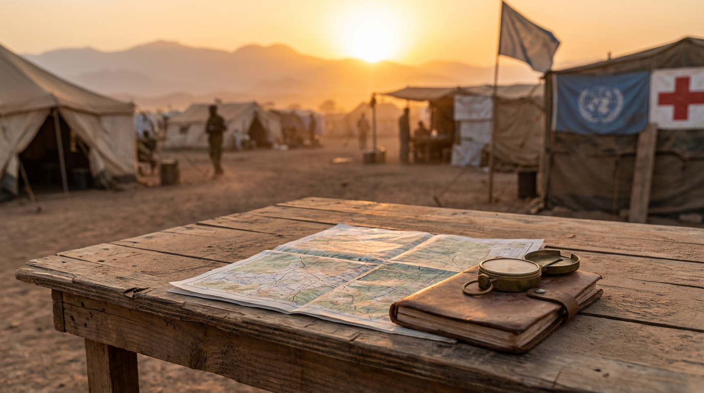 Humanitarian field setting at sunrise